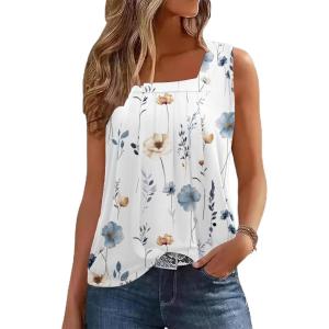 Zeagoo Womens Tank Tops Summer Sleeveless Loose Fit Square Neck Pleated Shirts Banded Basic Casual Trendy Clothes(Pattern Bf290)