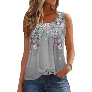 Zeagoo Womens Tank Tops Summer Sleeveless Loose Fit Square Neck Pleated Shirts Banded Basic Casual Trendy Clothes(Pattern Hf36)