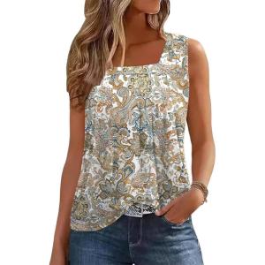 Zeagoo Womens Tank Tops Summer Sleeveless Loose Fit Square Neck Pleated Shirts Banded Basic Casual Trendy Clothes(Pattern Mz453)