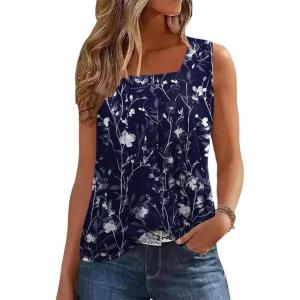 Zeagoo Womens Tank Tops Summer Sleeveless Loose Fit Square Neck Pleated Shirts Banded Basic Casual Trendy Clothes(Pattern Sf180)