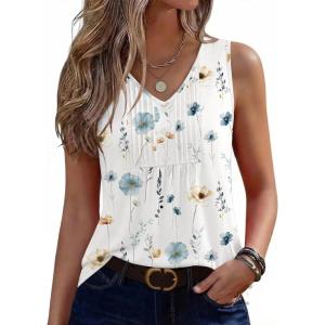 Zeagoo Womens Tank Tops Summer Sleeveless Pleated V Neck Tunic Shirts Loose Casual Button Flowy Boho Clothes S-3XL(Pattern Bf290)