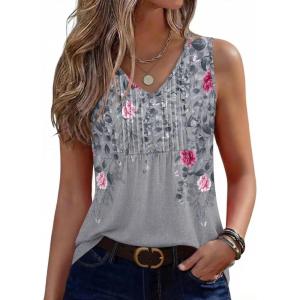 Zeagoo Womens Tank Tops Summer Sleeveless Pleated V Neck Tunic Shirts Loose Casual Button Flowy Boho Clothes S-3XL(Pattern Hf36)