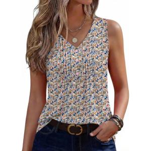 Zeagoo Womens Tank Tops Summer Sleeveless Pleated V Neck Tunic Shirts Loose Casual Button Flowy Boho Clothes S-3XL(Pattern Xh498)