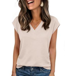 Zeagoo Womens Tops Cap Short Sleeve Textured Blouse V Neck Summer Spring Shirts Business Casual Outfits(Apricot)