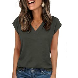 Zeagoo Womens Tops Cap Short Sleeve Textured Blouse V Neck Summer Spring Shirts Business Casual Outfits(Army Green)