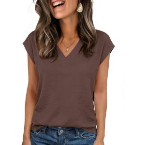 Zeagoo Womens Tops Cap Short Sleeve Textured Blouse V Neck Summer Spring Shirts Business Casual Outfits(Brown)