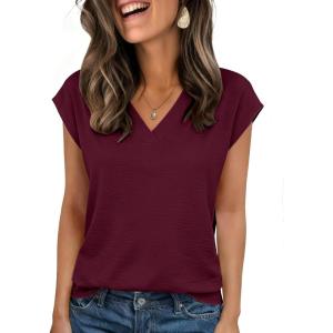 Zeagoo Womens Tops Cap Short Sleeve Textured Blouse V Neck Summer Spring Shirts Business Casual Outfits(Dark Red)