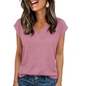 Zeagoo Womens Tops Cap Short Sleeve Textured Blouse V Neck Summer Spring Shirts Business Casual Outfits(Deep Pink)