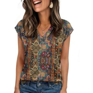 Zeagoo Womens Tops Cap Short Sleeve Textured Blouse V Neck Summer Spring Shirts Business Casual Outfits(Multicolor 721)