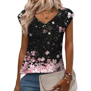 Zeagoo Womens Tops Cute Loose Tank Tops Trendy Casual Dressy Shirts V Neck Cap Sleeve Tops Summer Outfits(Cherry Blossom)