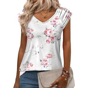 Zeagoo Womens Tops Cute Loose Tank Tops Trendy Casual Dressy Shirts V Neck Cap Sleeve Tops Summer Outfits(Floral Red)