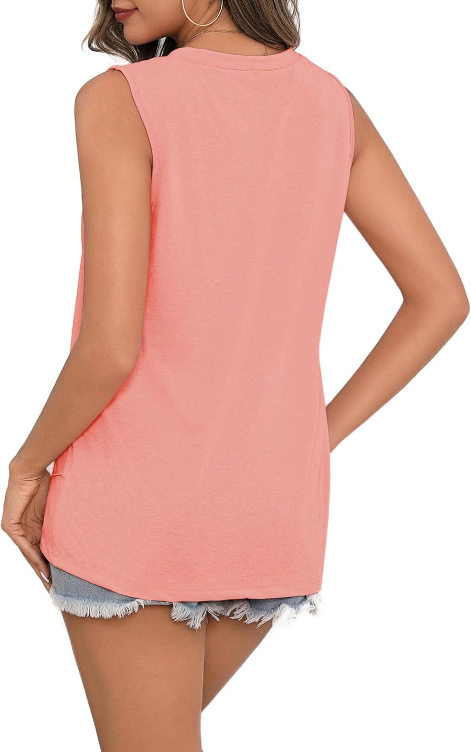 imageZeagoo Beach Vacation Clothes for Women Pleated High Neck Flowy Sleeveless Tank Tops Summer Loose Fit Tunic BlousesPink