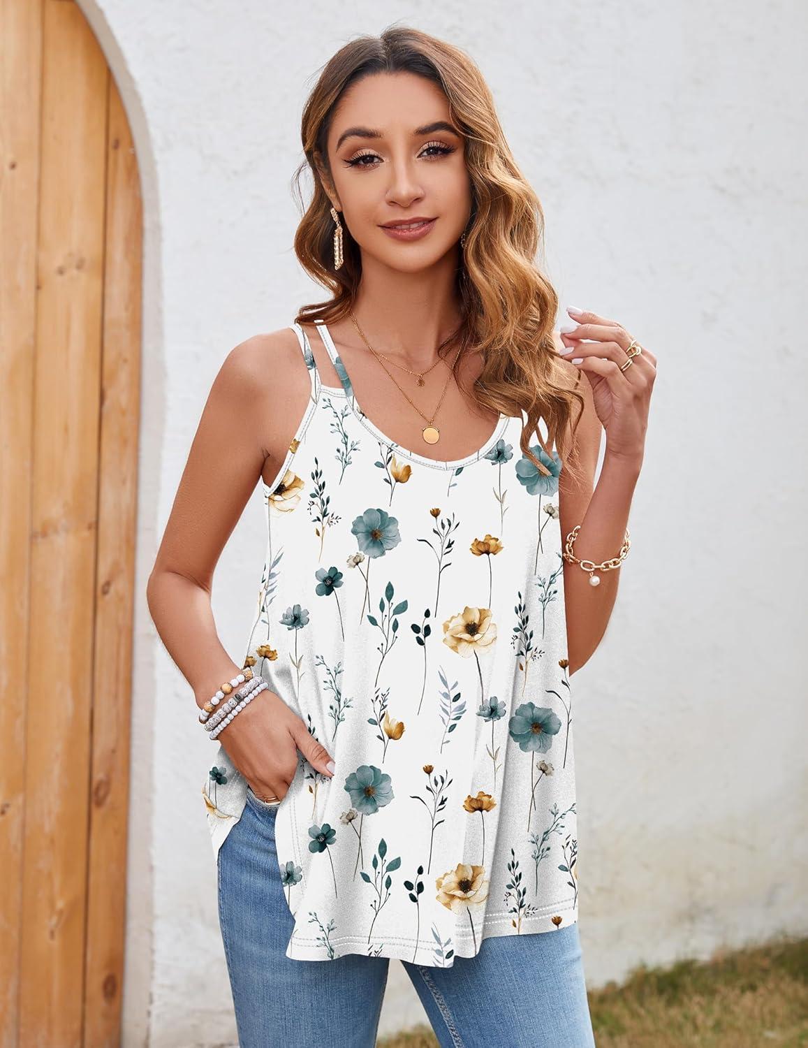 imageZeagoo Women Flowy Tank Tops Casual Summer Tops Sexy Tank Tops Spaghetti Strap V Neck Sleeveless Tunic Camisoles Dusty PinkBlue Flower