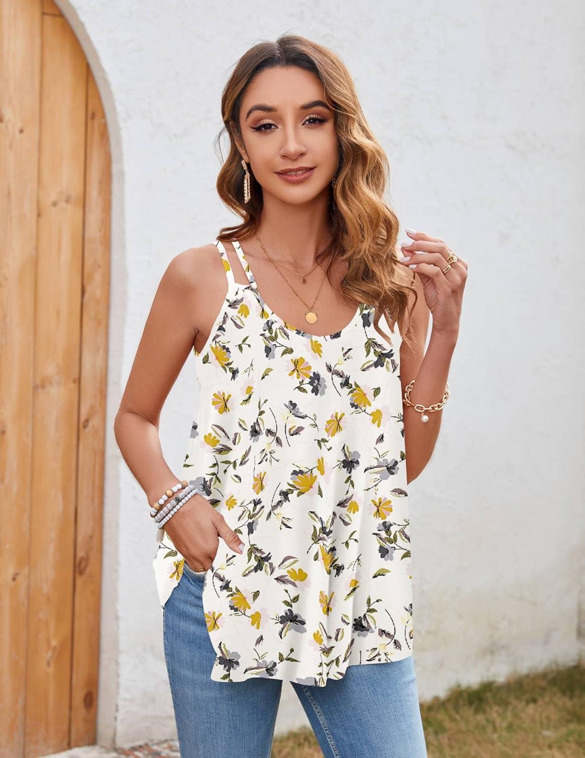 imageZeagoo Women Flowy Tank Tops Casual Summer Tops Sexy Tank Tops Spaghetti Strap V Neck Sleeveless Tunic Camisoles Dusty PinkWhite Floral