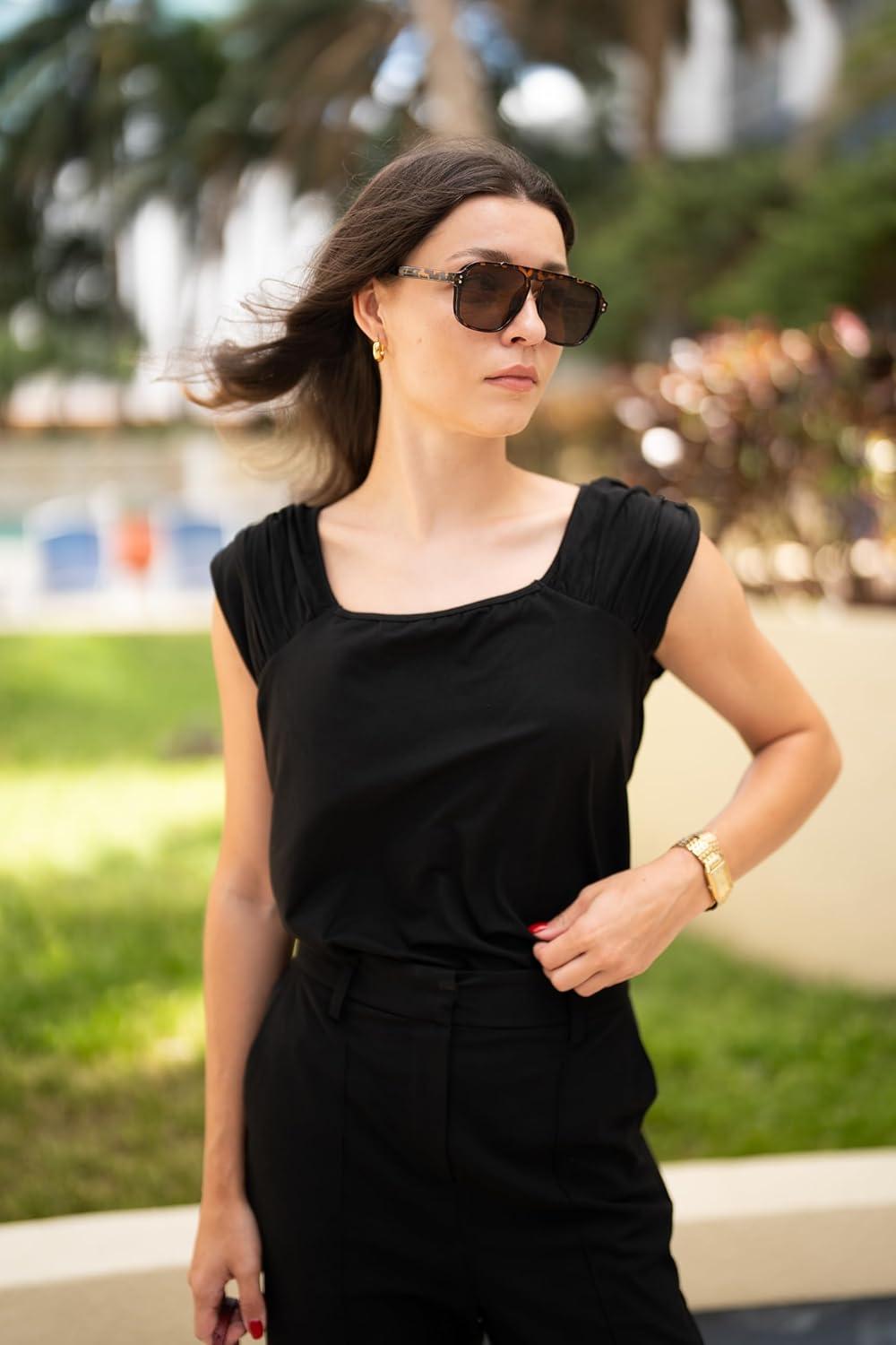 imageZeagoo Women Summer Tops Cute Square Neck Tank Tops Loose Dressy Casual Shirts Cap Sleeve Tunic TopsBlack