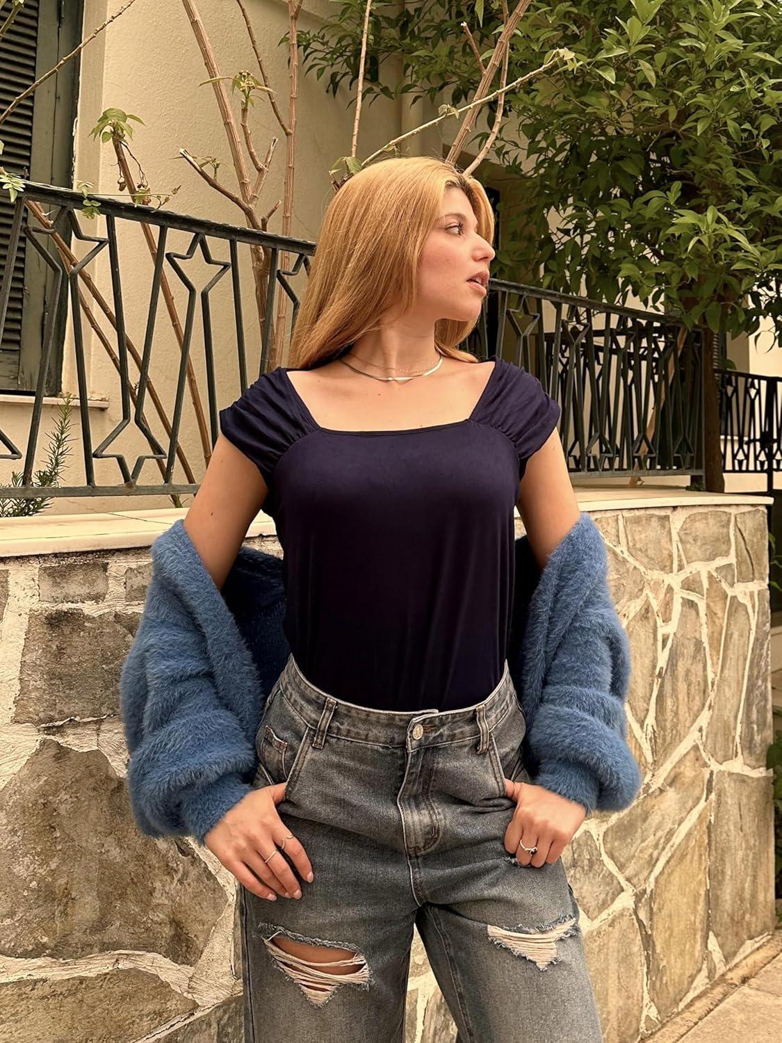imageZeagoo Women Summer Tops Cute Square Neck Tank Tops Loose Dressy Casual Shirts Cap Sleeve Tunic TopsBlack