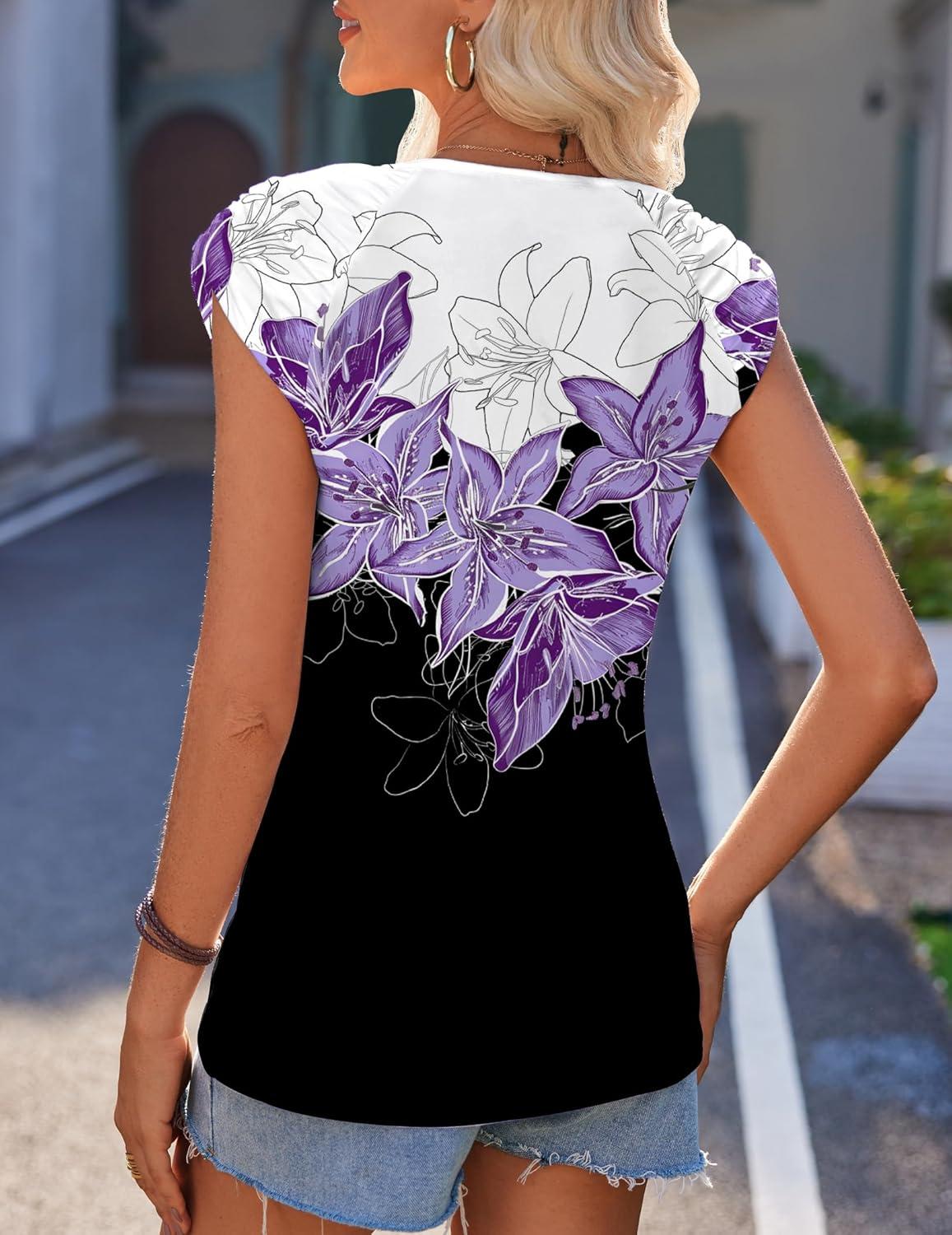 imageZeagoo Women Summer Tops Cute Square Neck Tank Tops Loose Dressy Casual Shirts Cap Sleeve Tunic TopsFlower Purple