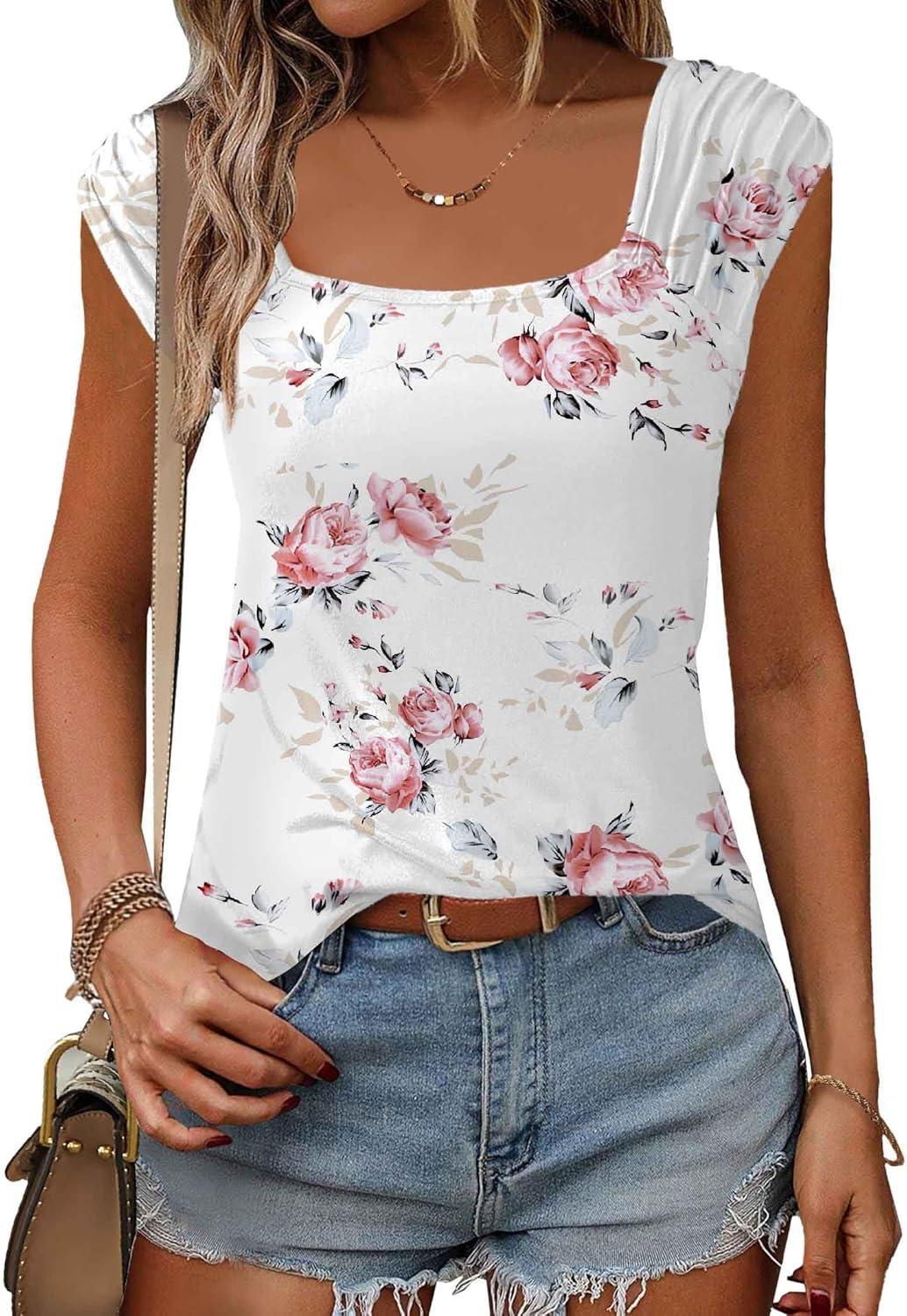 imageZeagoo Women Summer Tops Cute Square Neck Tank Tops Loose Dressy Casual Shirts Cap Sleeve Tunic TopsFlower White