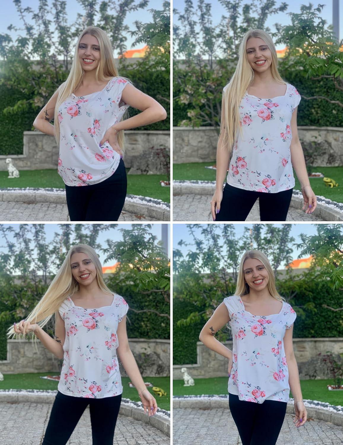 imageZeagoo Women Summer Tops Cute Square Neck Tank Tops Loose Dressy Casual Shirts Cap Sleeve Tunic TopsFlower White