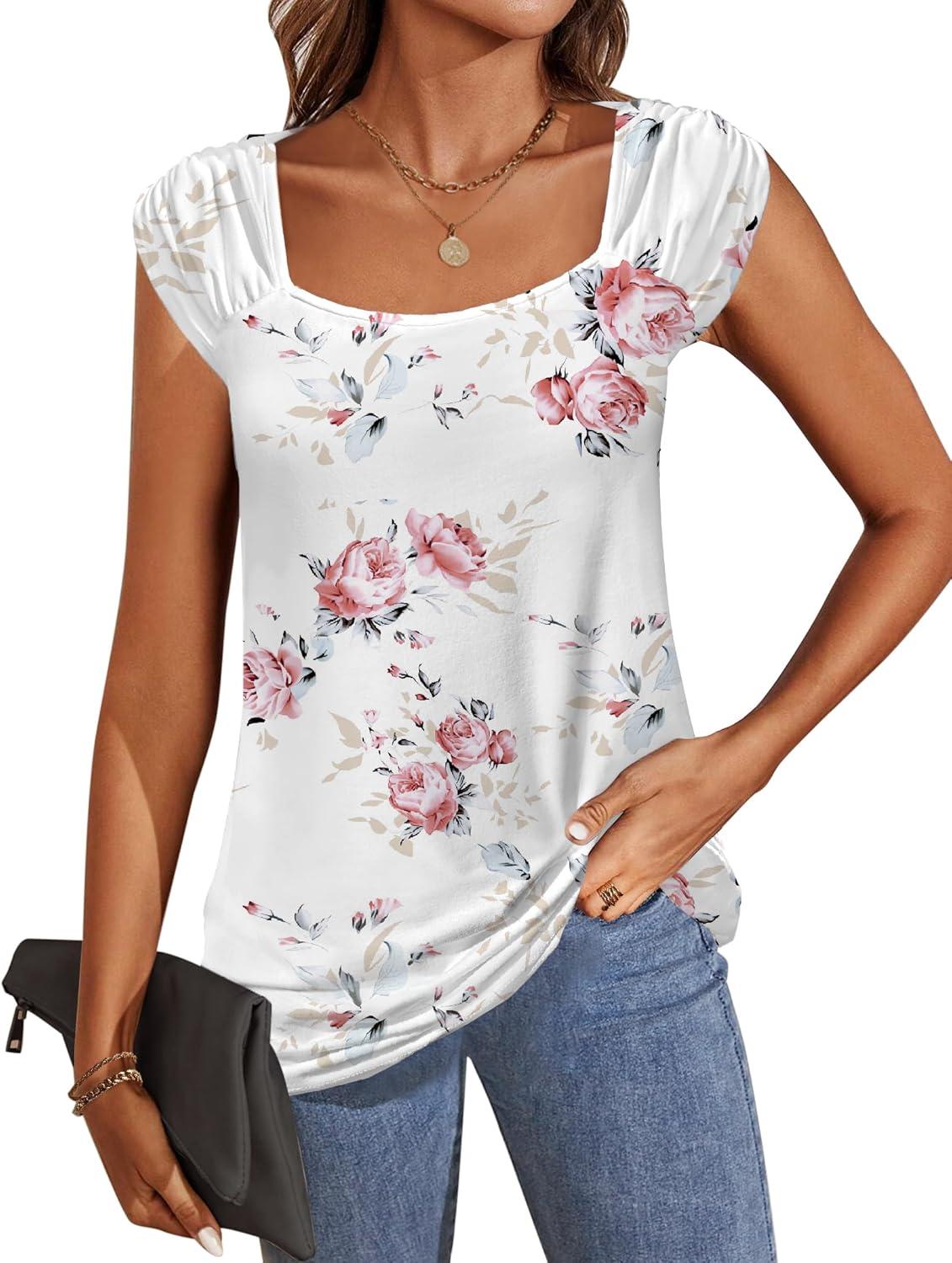 imageZeagoo Women Summer Tops Cute Square Neck Tank Tops Loose Dressy Casual Shirts Cap Sleeve Tunic TopsFlower White