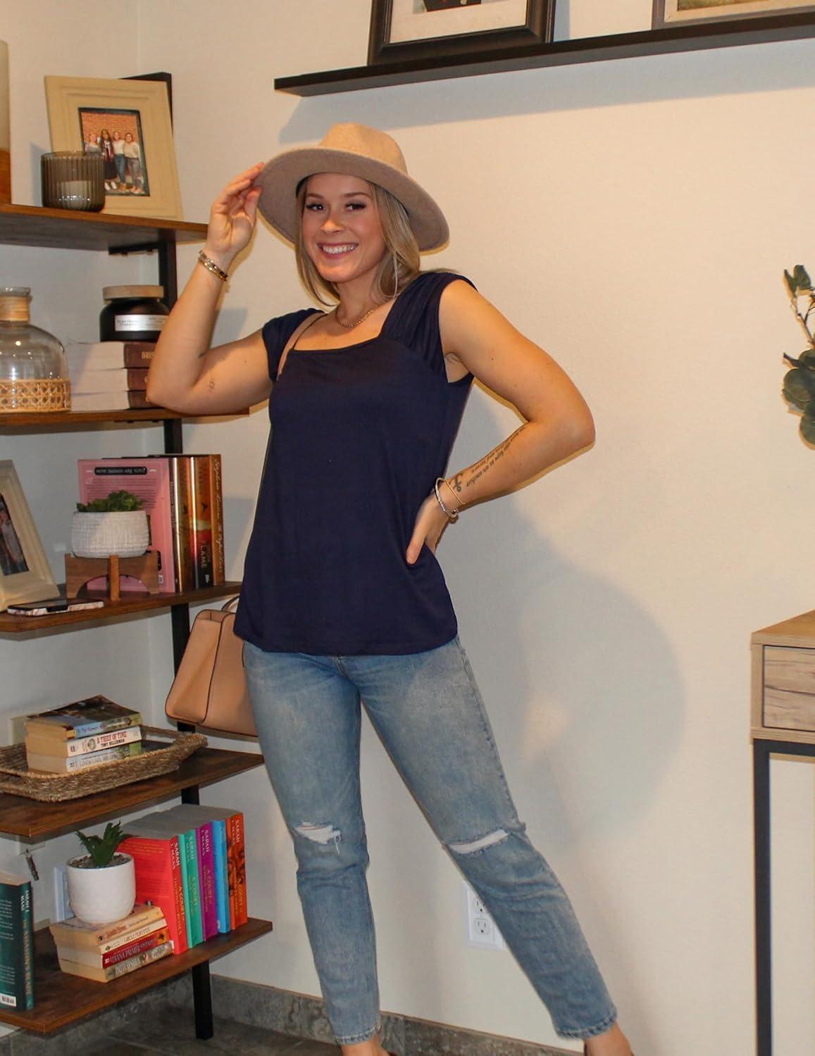 imageZeagoo Women Summer Tops Cute Square Neck Tank Tops Loose Dressy Casual Shirts Cap Sleeve Tunic TopsNavy Blue
