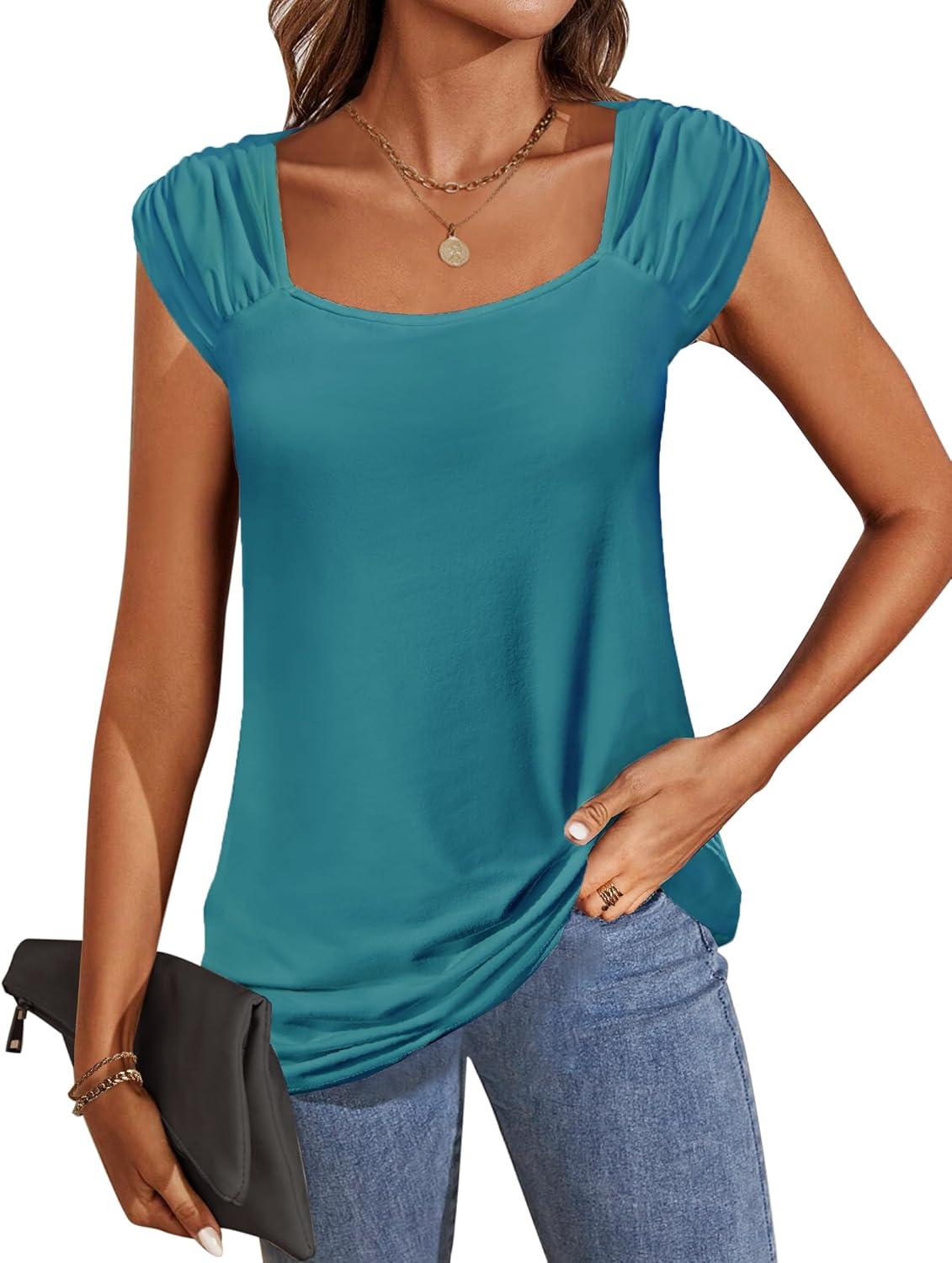 imageZeagoo Women Summer Tops Cute Square Neck Tank Tops Loose Dressy Casual Shirts Cap Sleeve Tunic TopsPeacock Blue