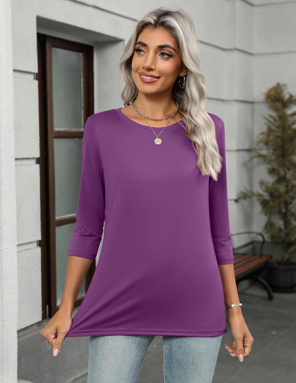 imageZeagoo Women Tops 3 Pack 34 Sleeve Crewneck Cute Basics Tees Casual Fashion Spring Summer T Shirts Business Work Tee TopBlacknavy Bluefuchsia