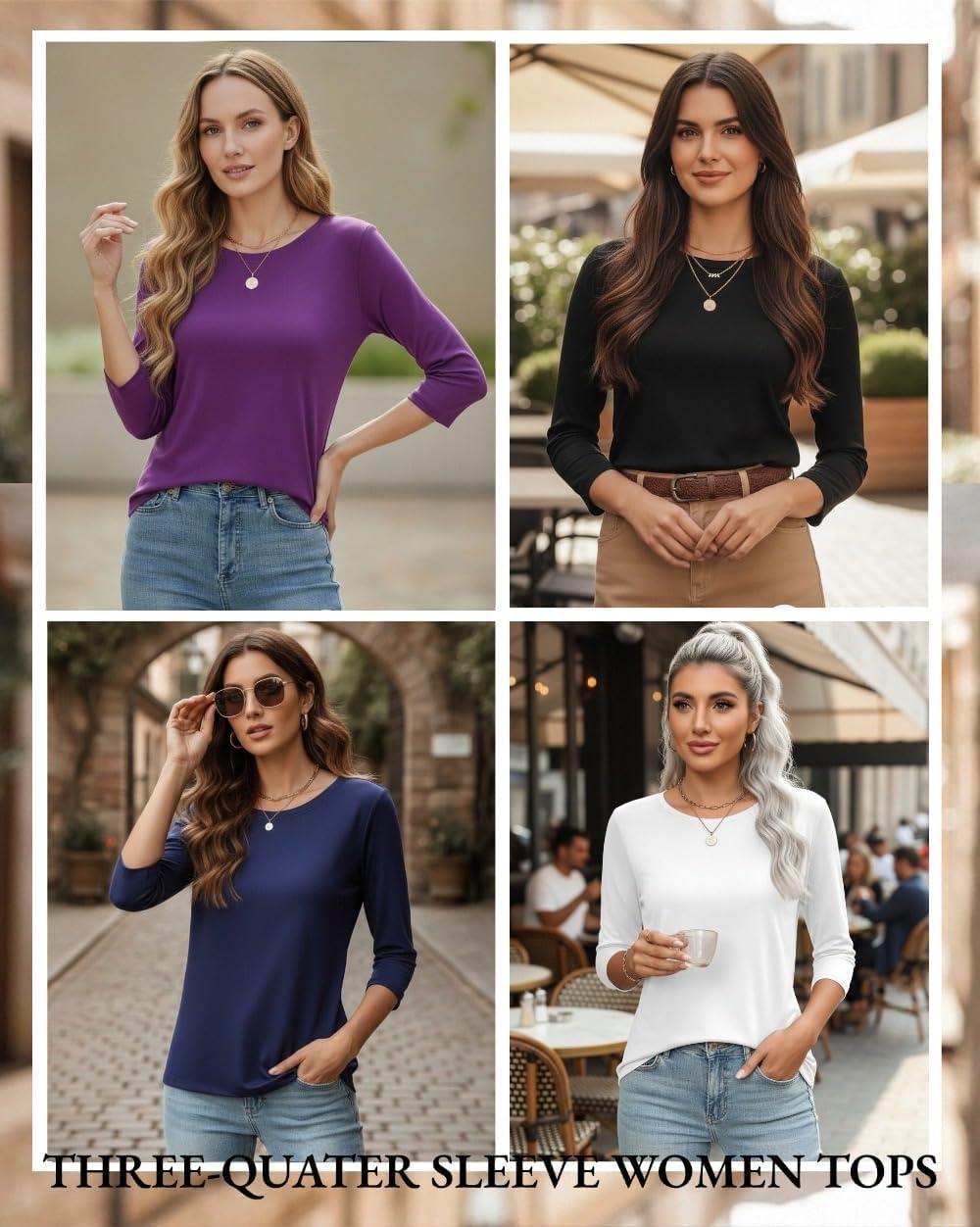 imageZeagoo Women Tops 3 Pack 34 Sleeve Crewneck Cute Basics Tees Casual Fashion Spring Summer T Shirts Business Work Tee TopBlacknavy Bluefuchsia