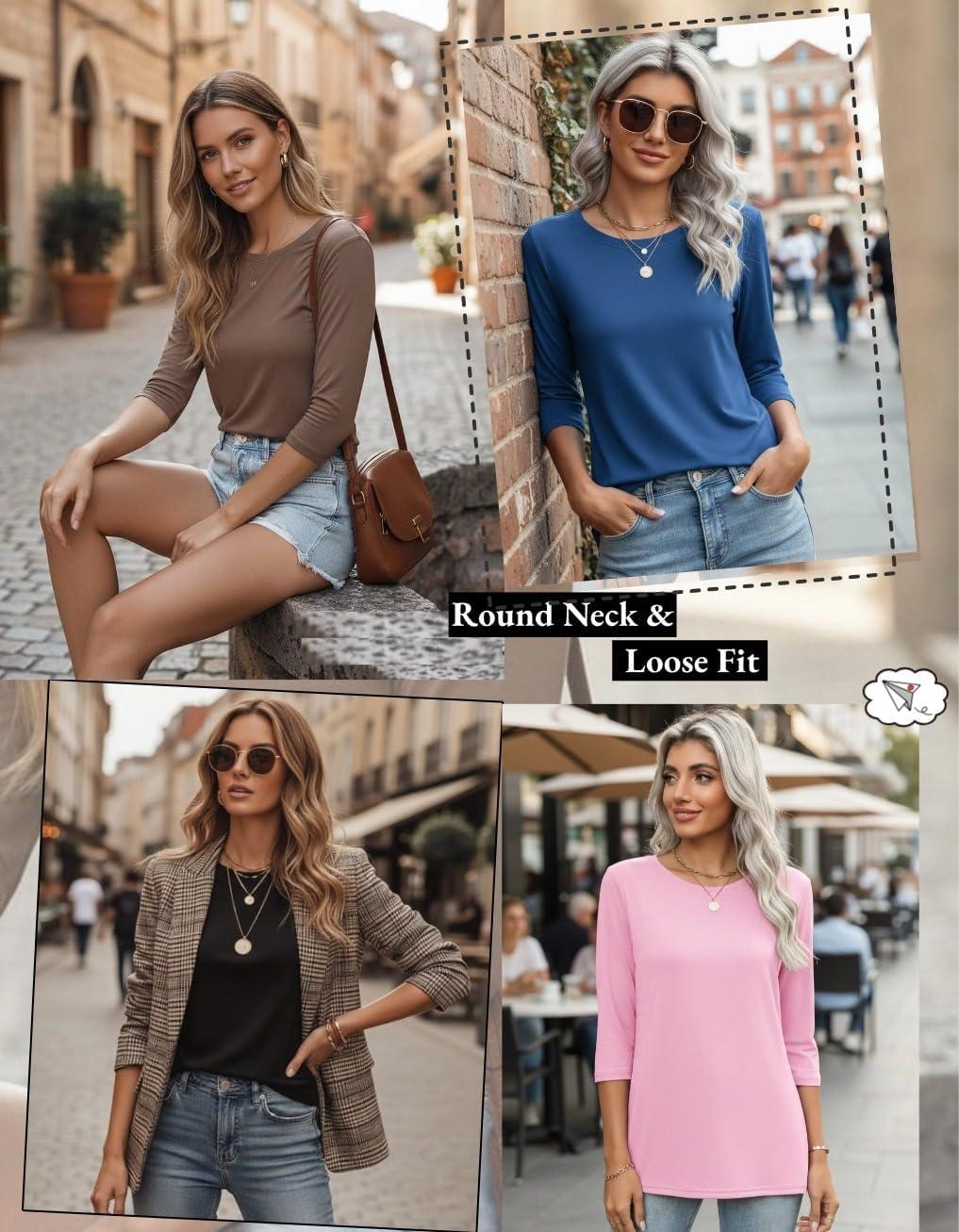 imageZeagoo Women Tops 3 Pack 34 Sleeve Crewneck Cute Basics Tees Casual Fashion Spring Summer T Shirts Business Work Tee TopBlackpinkblue