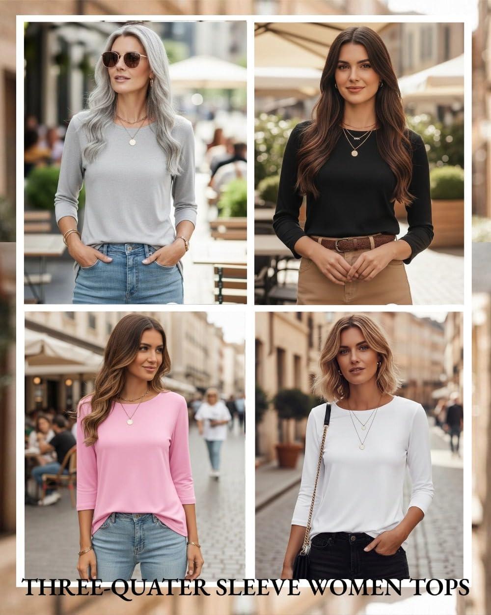 imageZeagoo Women Tops 3 Pack 34 Sleeve Crewneck Cute Basics Tees Casual Fashion Spring Summer T Shirts Business Work Tee TopBlackpinkgrey