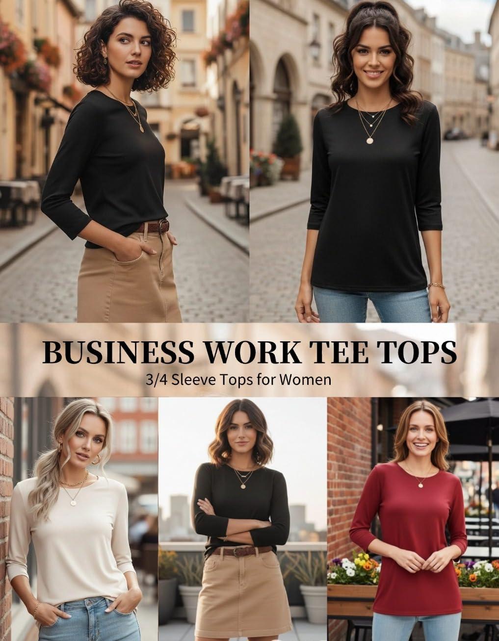 imageZeagoo Women Tops 3 Pack 34 Sleeve Crewneck Cute Basics Tees Casual Fashion Spring Summer T Shirts Business Work Tee TopBlackredapricot