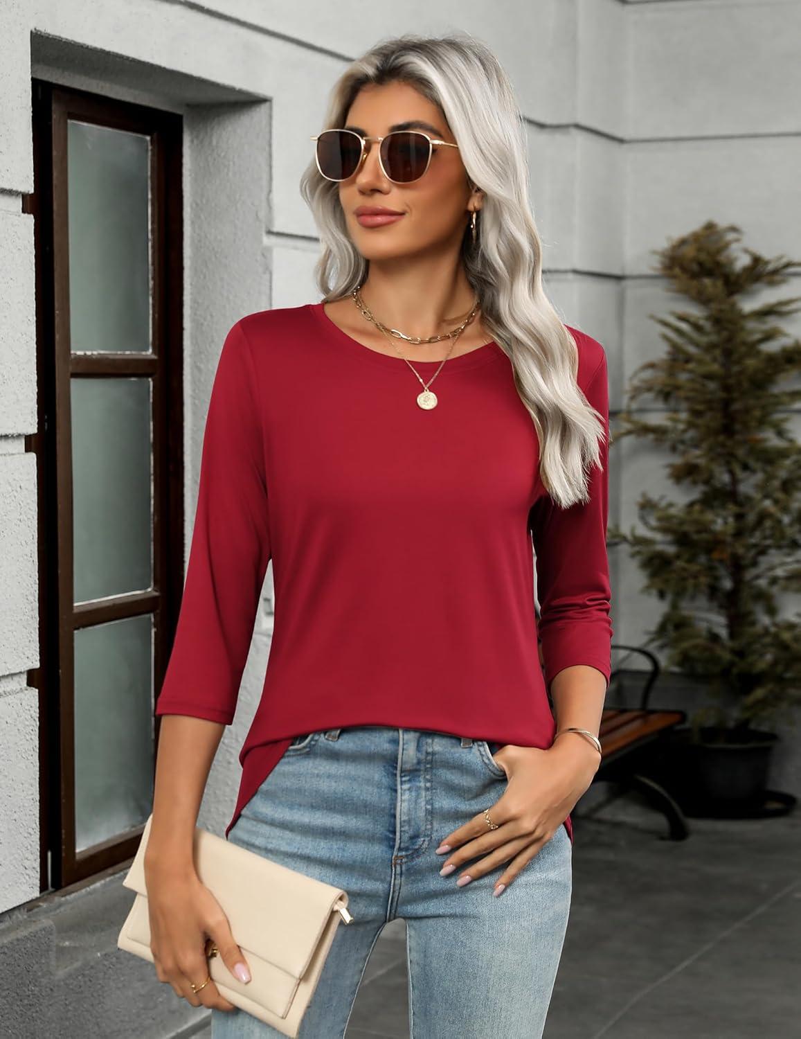imageZeagoo Women Tops 3 Pack 34 Sleeve Crewneck Cute Basics Tees Casual Fashion Spring Summer T Shirts Business Work Tee TopBlackredgreen