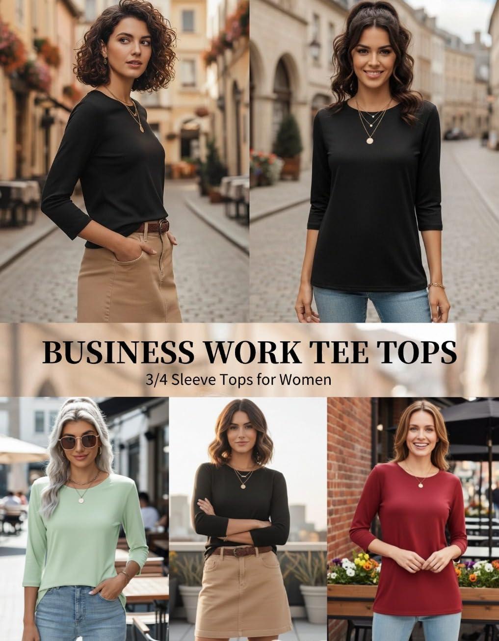 imageZeagoo Women Tops 3 Pack 34 Sleeve Crewneck Cute Basics Tees Casual Fashion Spring Summer T Shirts Business Work Tee TopBlackredgreen