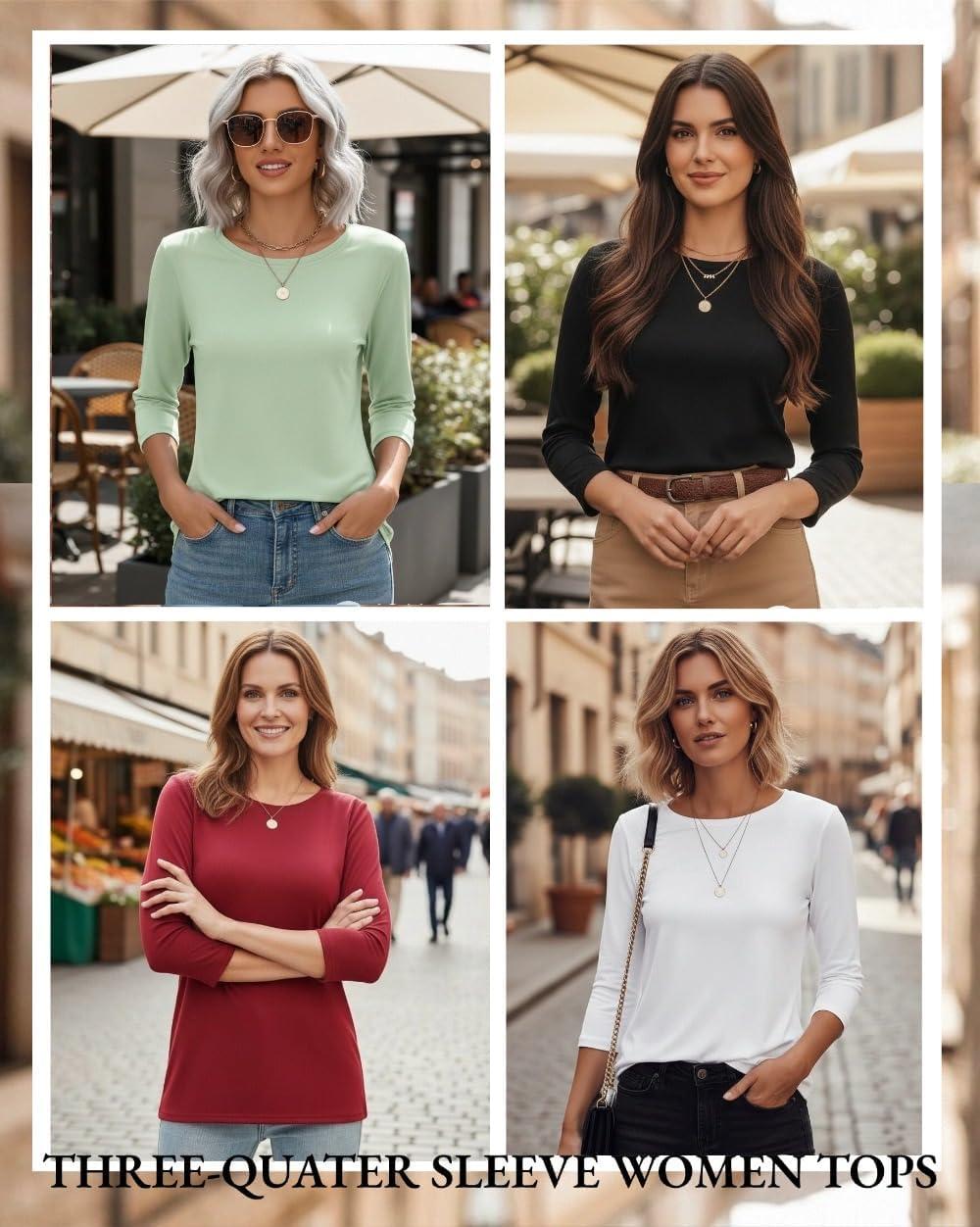 imageZeagoo Women Tops 3 Pack 34 Sleeve Crewneck Cute Basics Tees Casual Fashion Spring Summer T Shirts Business Work Tee TopBlackredgreen