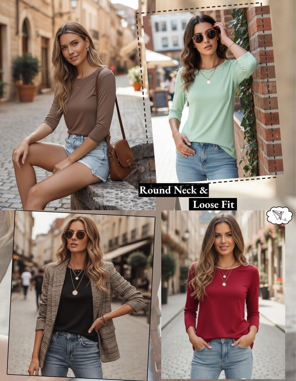 imageZeagoo Women Tops 3 Pack 34 Sleeve Crewneck Cute Basics Tees Casual Fashion Spring Summer T Shirts Business Work Tee TopBlackredgreen
