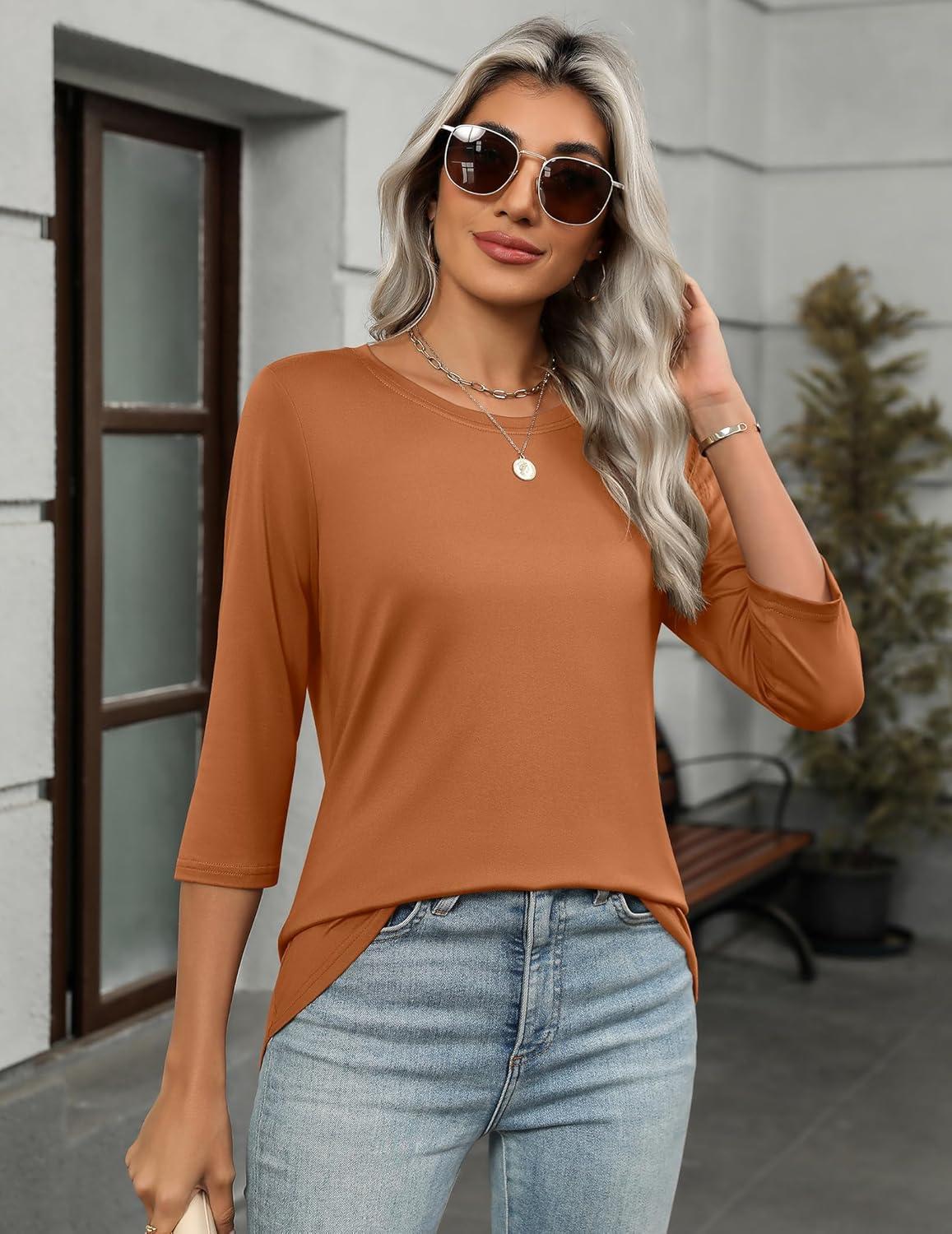 imageZeagoo Women Tops 3 Pack 34 Sleeve Crewneck Cute Basics Tees Casual Fashion Spring Summer T Shirts Business Work Tee TopBlackredorange