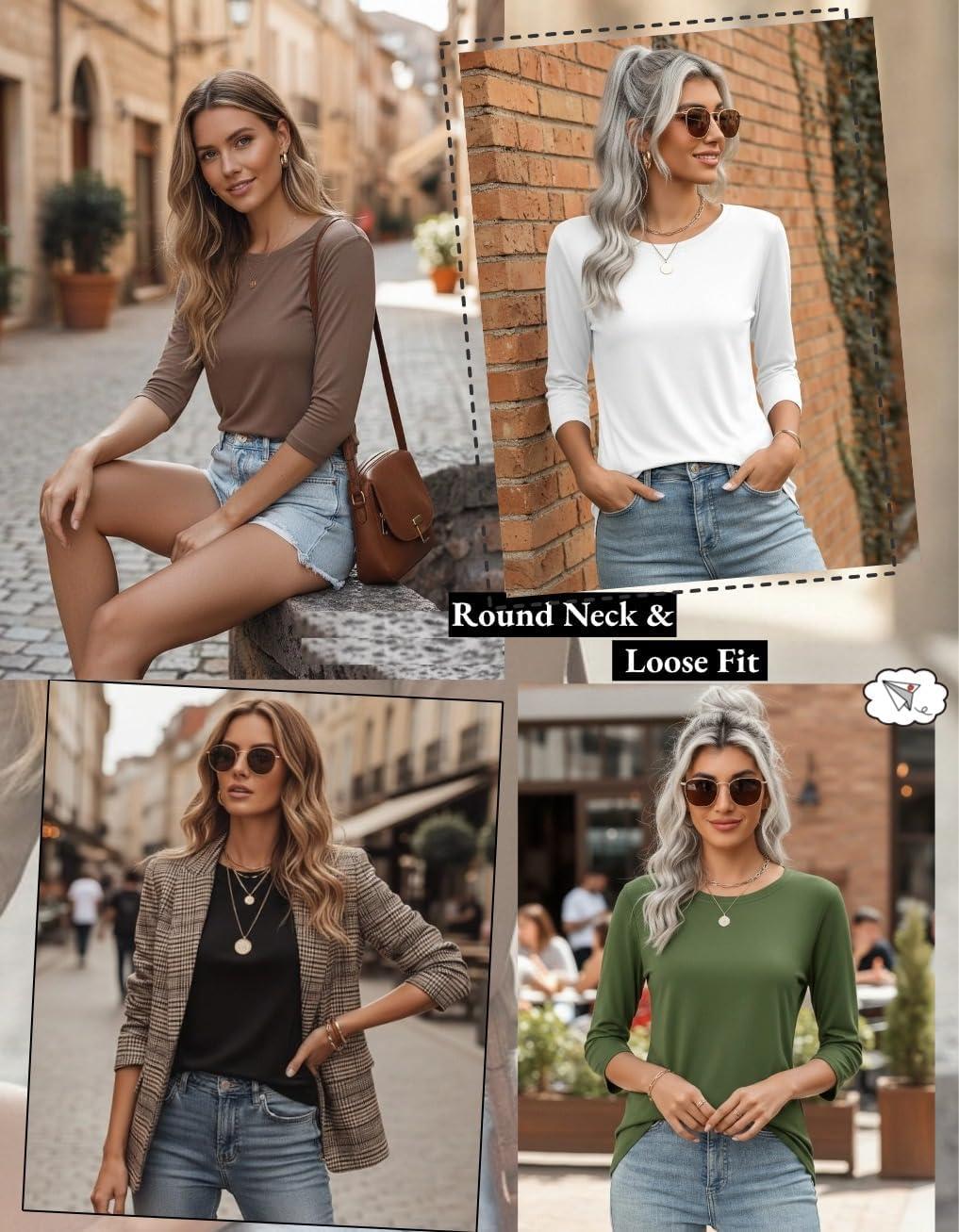 imageZeagoo Women Tops 3 Pack 34 Sleeve Crewneck Cute Basics Tees Casual Fashion Spring Summer T Shirts Business Work Tee TopBlackwhitearmy Green