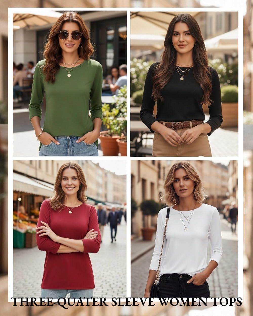imageZeagoo Women Tops 3 Pack 34 Sleeve Crewneck Cute Basics Tees Casual Fashion Spring Summer T Shirts Business Work Tee TopBlackwhitearmy Green