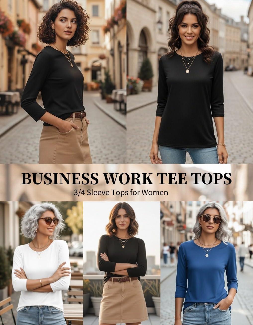 imageZeagoo Women Tops 3 Pack 34 Sleeve Crewneck Cute Basics Tees Casual Fashion Spring Summer T Shirts Business Work Tee TopBlackwhiteblue