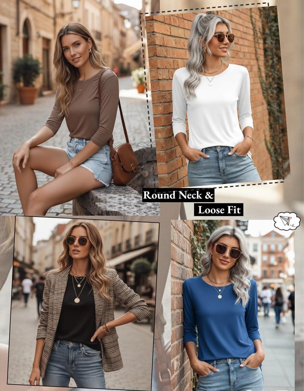 imageZeagoo Women Tops 3 Pack 34 Sleeve Crewneck Cute Basics Tees Casual Fashion Spring Summer T Shirts Business Work Tee TopBlackwhiteblue