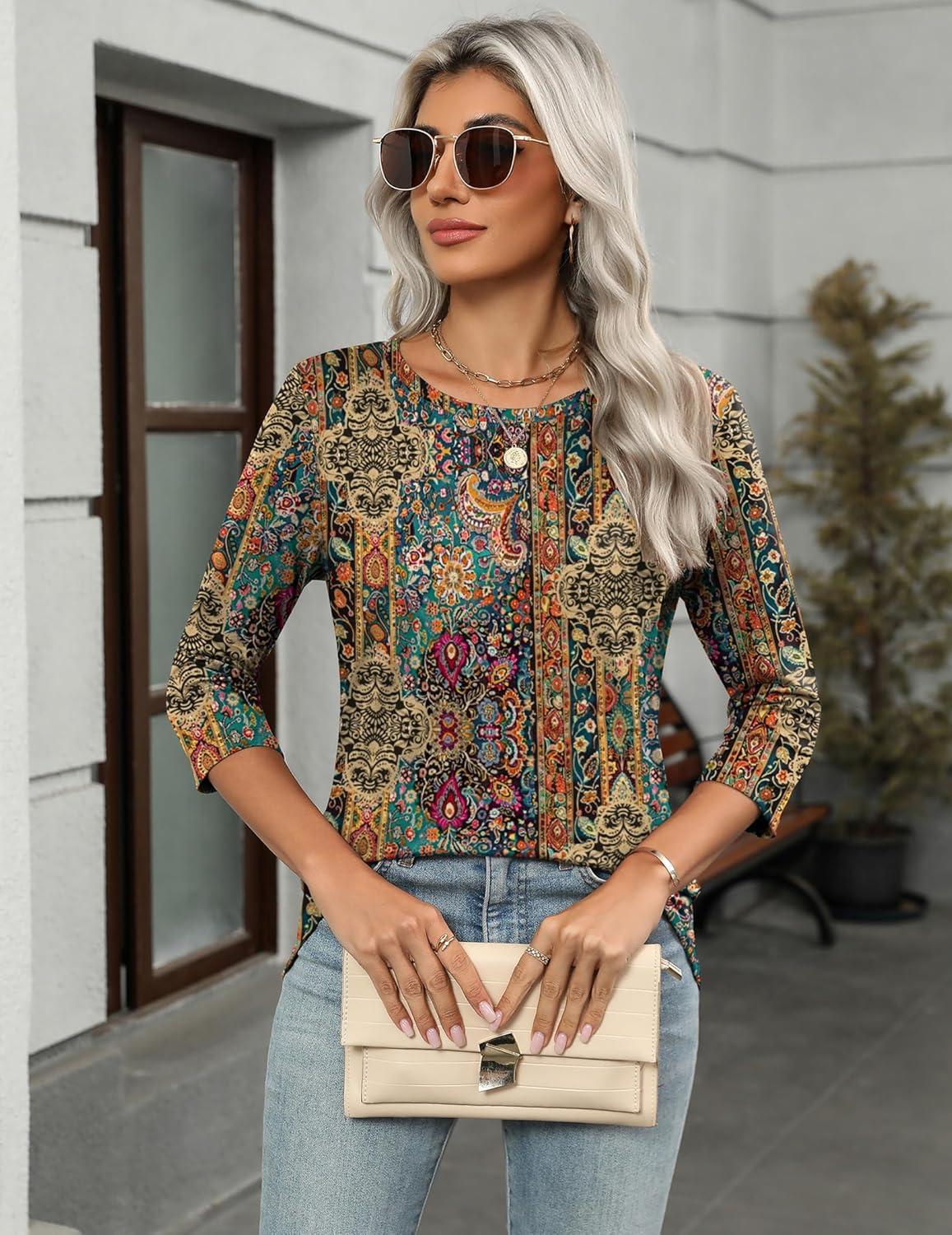 imageZeagoo Women Tops 3 Pack 34 Sleeve Crewneck Cute Basics Tees Casual Fashion Spring Summer T Shirts Business Work Tee TopBlackwhiteboho Mz721