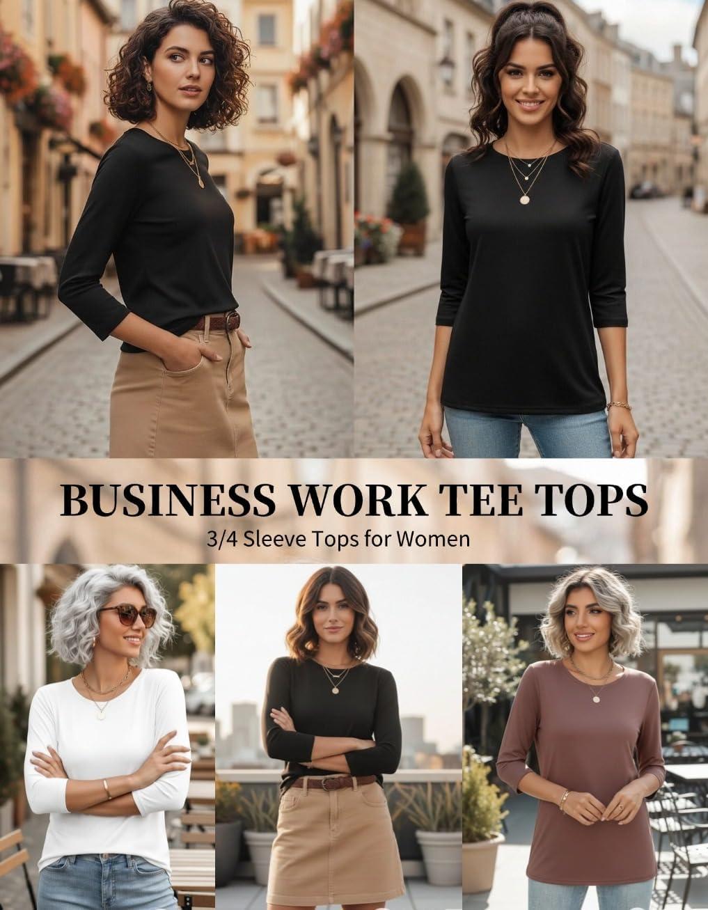 imageZeagoo Women Tops 3 Pack 34 Sleeve Crewneck Cute Basics Tees Casual Fashion Spring Summer T Shirts Business Work Tee TopBlackwhitecoffee