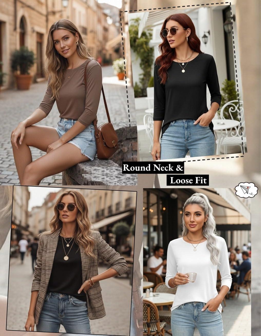 imageZeagoo Women Tops 3 Pack 34 Sleeve Crewneck Cute Basics Tees Casual Fashion Spring Summer T Shirts Business Work Tee TopBlackwhitecoffee