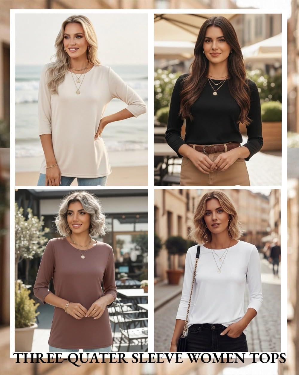 imageZeagoo Women Tops 3 Pack 34 Sleeve Crewneck Cute Basics Tees Casual Fashion Spring Summer T Shirts Business Work Tee TopBlackwhitecoffee