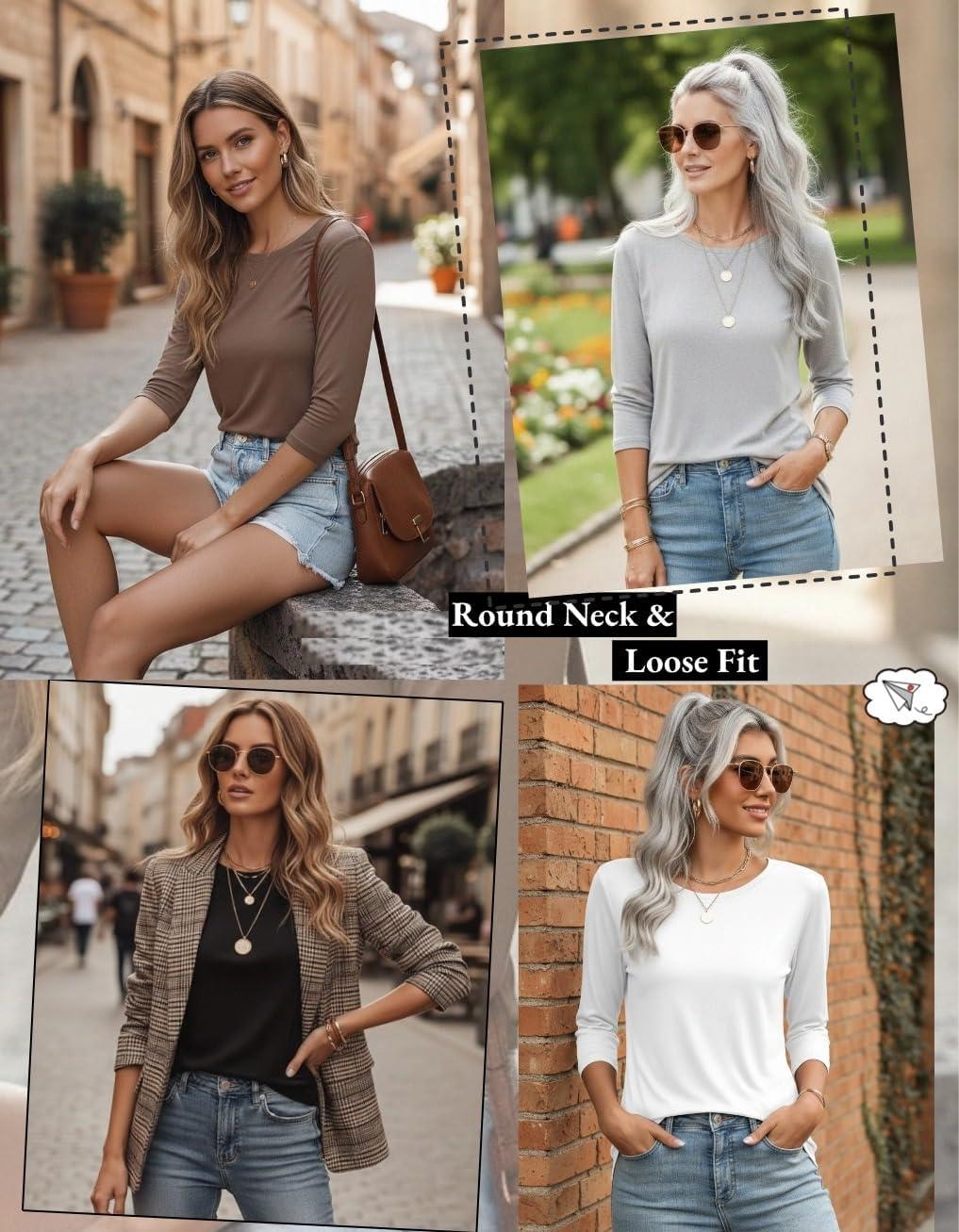imageZeagoo Women Tops 3 Pack 34 Sleeve Crewneck Cute Basics Tees Casual Fashion Spring Summer T Shirts Business Work Tee TopBlackwhitegrey