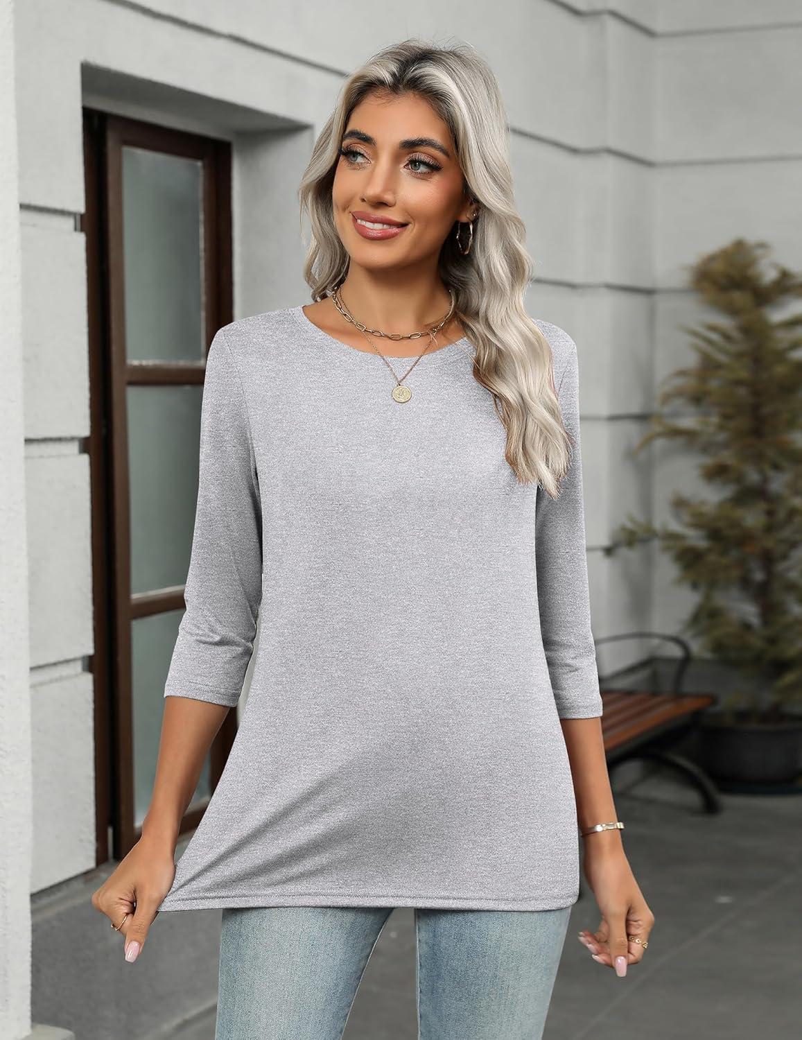 imageZeagoo Women Tops 3 Pack 34 Sleeve Crewneck Cute Basics Tees Casual Fashion Spring Summer T Shirts Business Work Tee TopBlackwhitegrey