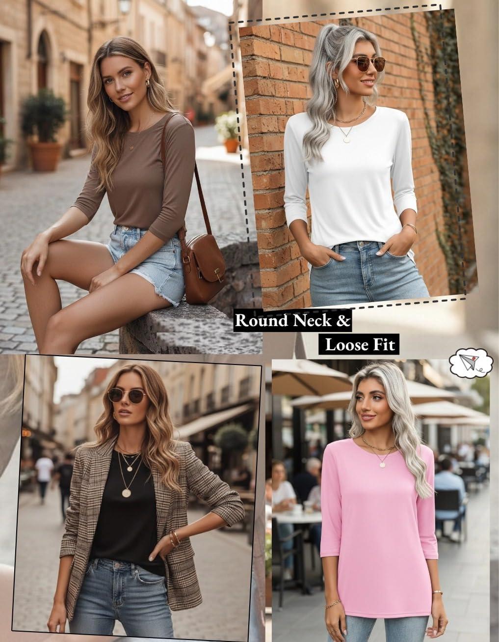 imageZeagoo Women Tops 3 Pack 34 Sleeve Crewneck Cute Basics Tees Casual Fashion Spring Summer T Shirts Business Work Tee TopBlackwhitepink