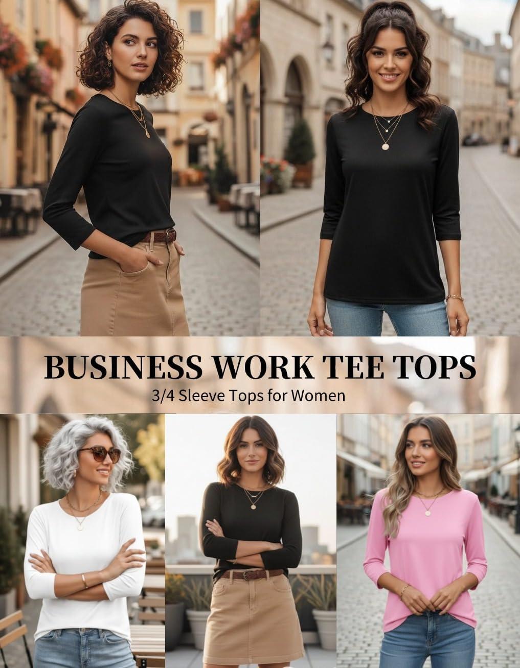 imageZeagoo Women Tops 3 Pack 34 Sleeve Crewneck Cute Basics Tees Casual Fashion Spring Summer T Shirts Business Work Tee TopBlackwhitepink