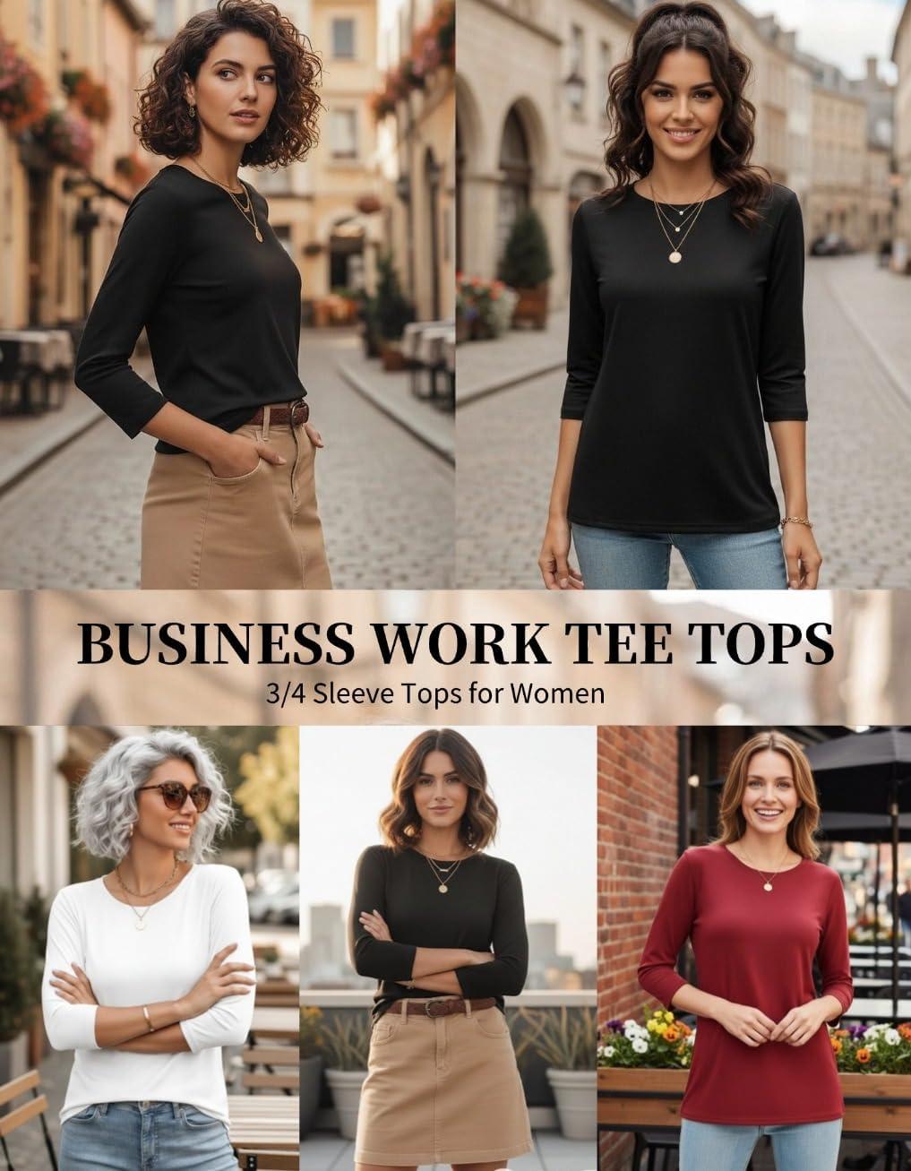imageZeagoo Women Tops 3 Pack 34 Sleeve Crewneck Cute Basics Tees Casual Fashion Spring Summer T Shirts Business Work Tee TopBlackwhitered