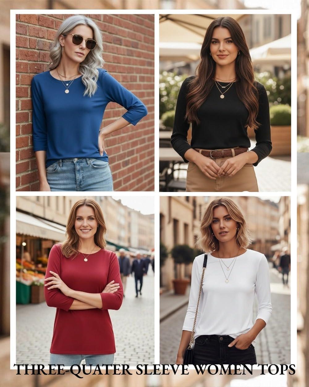 imageZeagoo Women Tops 3 Pack 34 Sleeve Crewneck Cute Basics Tees Casual Fashion Spring Summer T Shirts Business Work Tee TopBlackwhitered